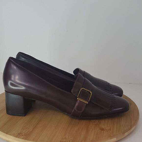 Clarks Artesian Tealia Maye Block Heel Aubergine Patent Leather Heel Pump 9M - Picture 1 of 15